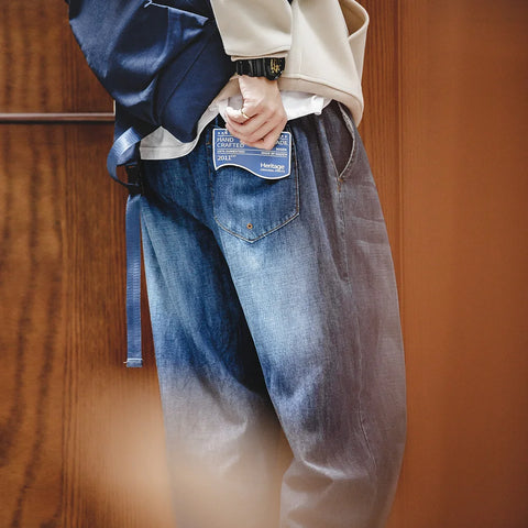 Jean décontracté ample pour homme MADEN, denim délavé 7,8 oz, taille mi-haute, sans stretch, jambes larges, coupe droite, bleu ombré, grandes tailles 