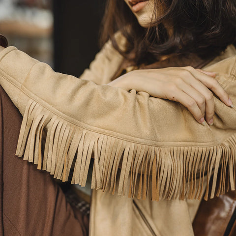 MADEN Damen-Wildlederjacke, Winterwarmer, weicher Plüschmantel, Freizeit- und Arbeitsjacke mit Quastenverzierungen 