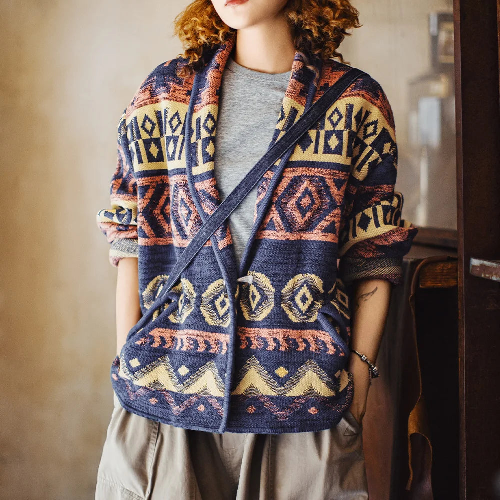 Chaqueta de punto vintage para mujer MADEN estilo Navajo con cierre de palanca, cuello en V, ajuste holgado, prenda de punto con diseño retro para otoño