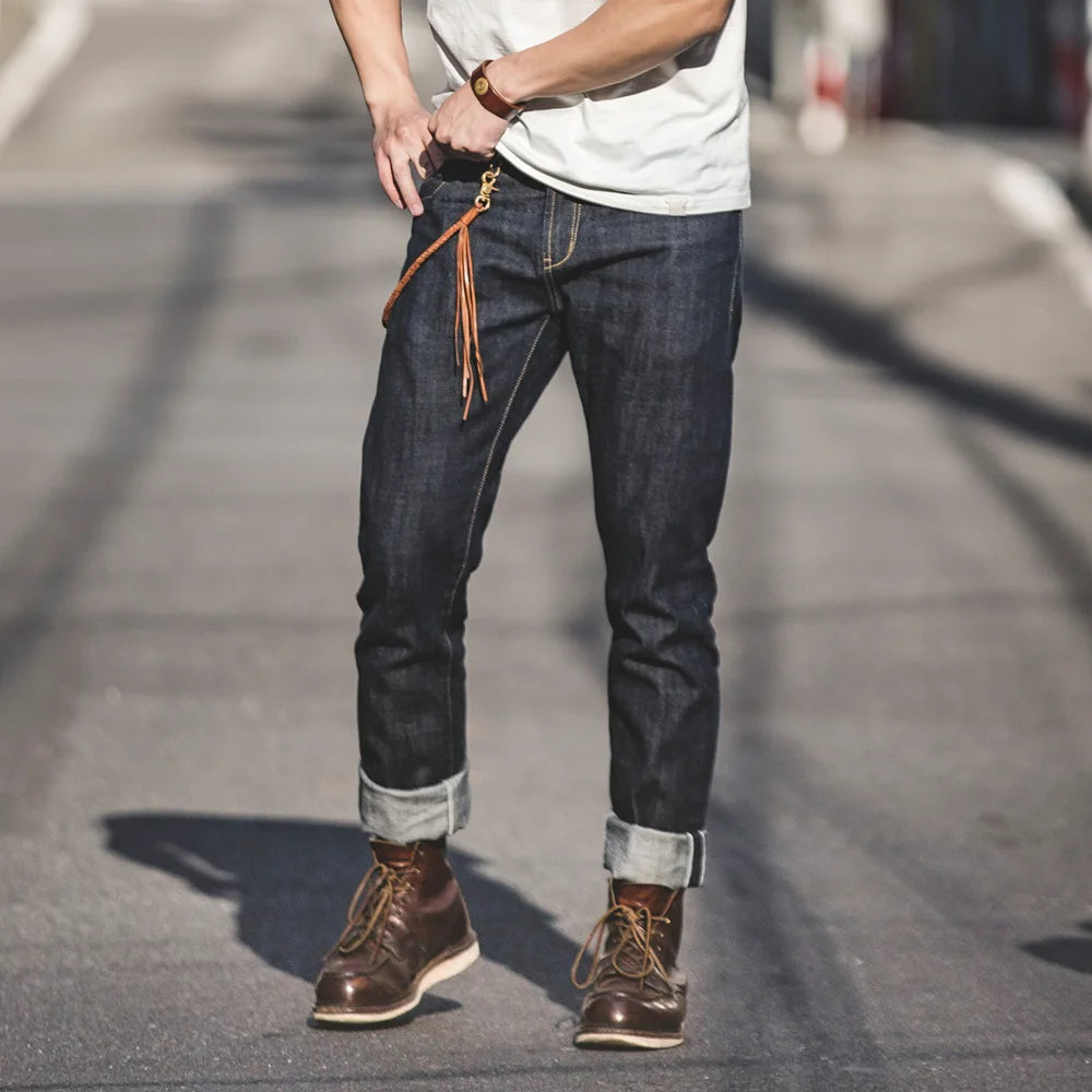 MADEN Herren 14oz Selvedge Raw Denim Jeans mit geradem Bein
