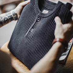 MADEN Retro Schwerer Henley Pullover