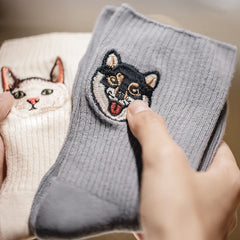 MADEN Niedliche Katze & Hund bestickte Socken