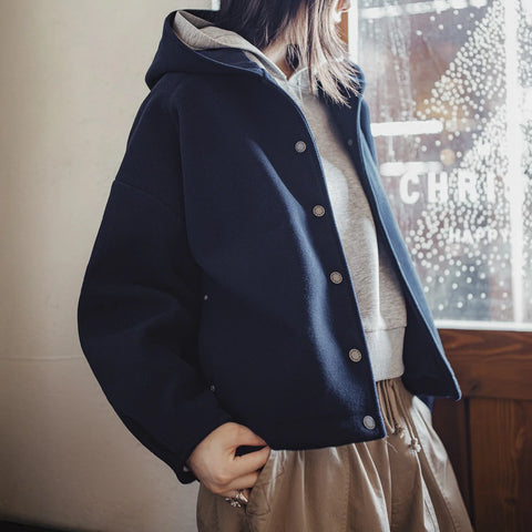 Abrigo con capucha grueso y texturizado para mujer MADEN, corto, cálido, de ajuste holgado, con textura de lana, chaqueta exterior casual de invierno