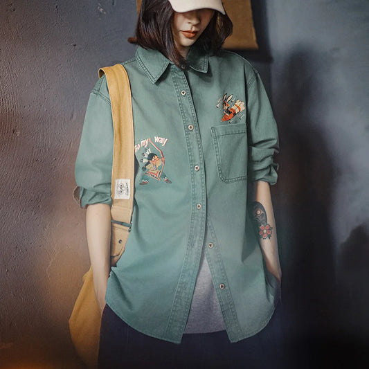MADEN Vintage Bestickte Baumwoll Bluse locker geschnitten