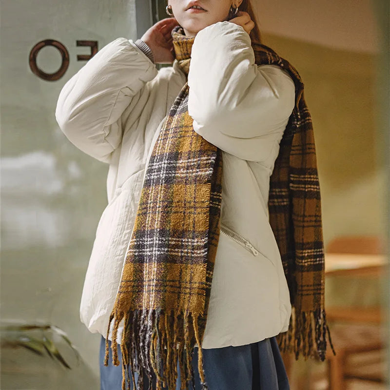 Áo khoác nữ MADEN màu trắng cổ chữ V, lót bông cotton, áo khoác ấm, đơn giản, cài nút một hàng, áo phao dày, áo ngoài cho mùa đông