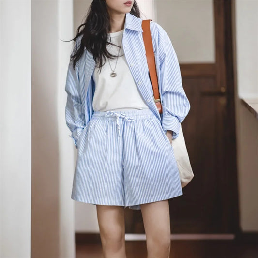 MADEN Damen Gestreiftes Leinen Zweiteiler Shorts-Set