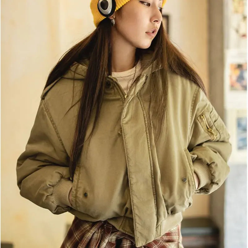 MADEN Women Hooded MA-1 Bomber Jacket Cotton Padded Short Coat Thick Warm Casual Khaki Flight Jacket Vintage Utility Style