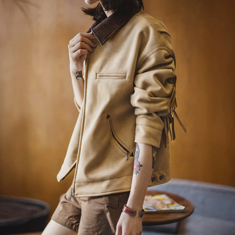 MADEN Damen-Wildlederjacke, Winterwarmer, weicher Plüschmantel, Freizeit- und Arbeitsjacke mit Quastenverzierungen 