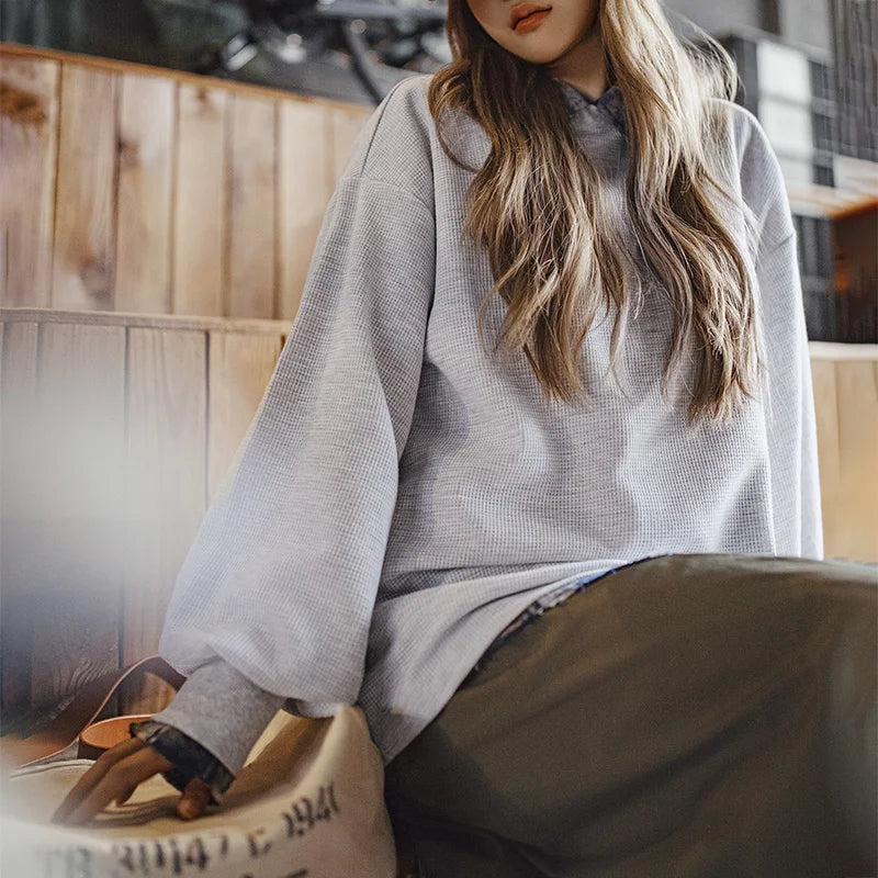 MADEN Damen-Sweatshirt mit Waffelstrick und Laternenärmeln 