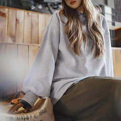 MADEN Damen-Sweatshirt mit Waffelstrick und Laternenärmeln 