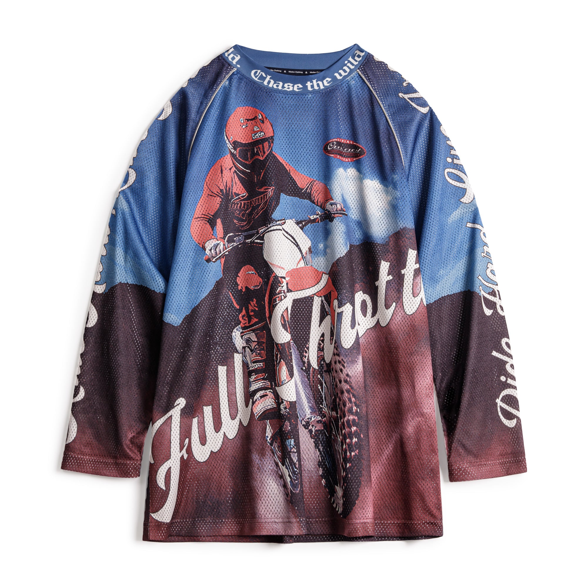 MADEN Scrambler bedrucktes Mesh Langarm-T-Shirt