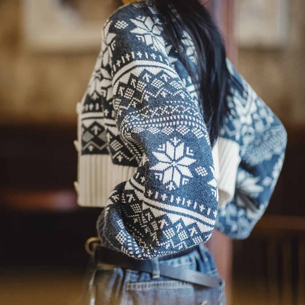 Cárdigan de punto estilo Fair Isle para mujer MADEN, suéter corto jacquard cálido de otoño e invierno, abrigo de manga larga para capas