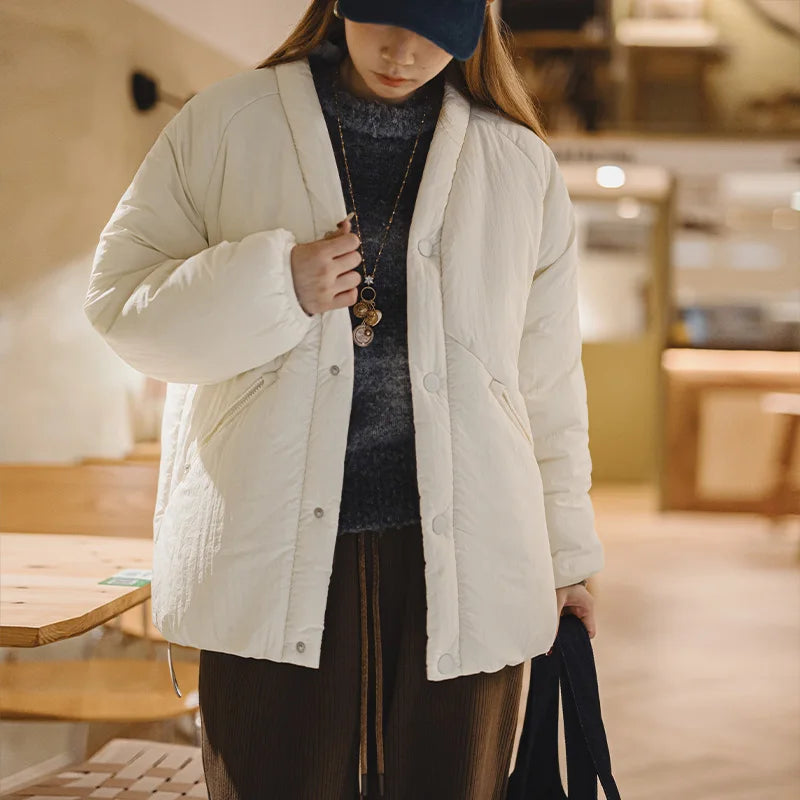 Áo khoác nữ MADEN màu trắng cổ chữ V, lót bông cotton, áo khoác ấm, đơn giản, cài nút một hàng, áo phao dày, áo ngoài cho mùa đông