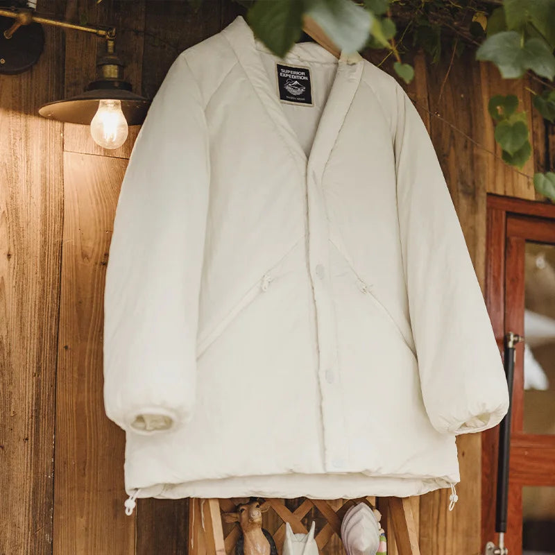 Áo khoác nữ MADEN màu trắng cổ chữ V, lót bông cotton, áo khoác ấm, đơn giản, cài nút một hàng, áo phao dày, áo ngoài cho mùa đông