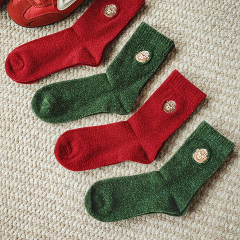 마덴 여성용 부드러운 중장목 양말 겨울용 두툼하고 따뜻한 포근한 뜨개질 양말 자수 곰 무늬 새해 선물