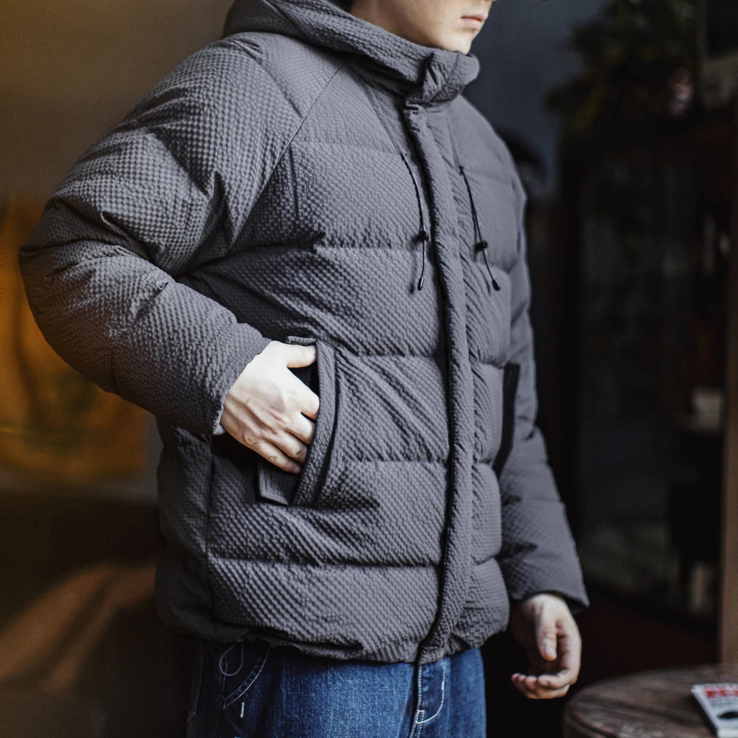 MADEN Seersucker Strukturierte Daunenjacke mit Kapuze