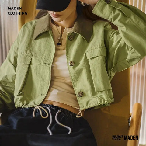 MADEN Vintage Grüne Cordjacke mit mehreren Taschen, Patchwork-Design und fallendem Revers, Damen-Freizeitjacke, einreihig, mit Kordelzug, Safari-Stil 