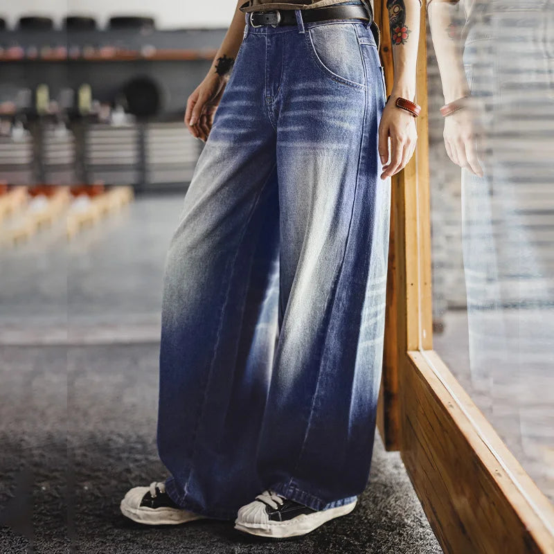 MADEN Women's Retro Loose Fit 10.5oz Washed Distressed Whisker Denim Jeans Casual Streetwear Fall Winter Pants