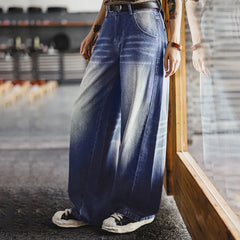 MADEN Women's Retro Loose Fit 10.5oz Washed Distressed Whisker Denim Jeans Casual Streetwear Fall Winter Pants