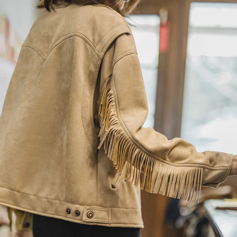 MADEN Damen-Wildlederjacke, Winterwarmer, weicher Plüschmantel, Freizeit- und Arbeitsjacke mit Quastenverzierungen 