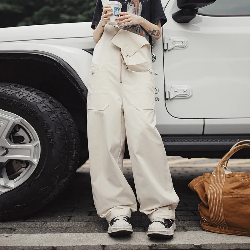 MADEN Casual Women's Loose Fit Overalls White with Adjustable Straps Pocket Zippered Placket Workwear Pants for Fall and Winter