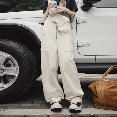 MADEN Casual Women's Loose Fit Overalls White with Adjustable Straps Pocket Zippered Placket Workwear Pants for Fall and Winter