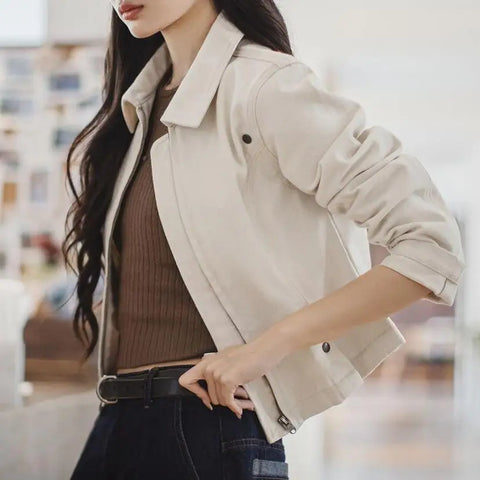 MADEN White Waist-Cinching Jacket Versatile Workwear Coat for Women's Spring and Autumn Zip-Up Lapel Short Outerwear