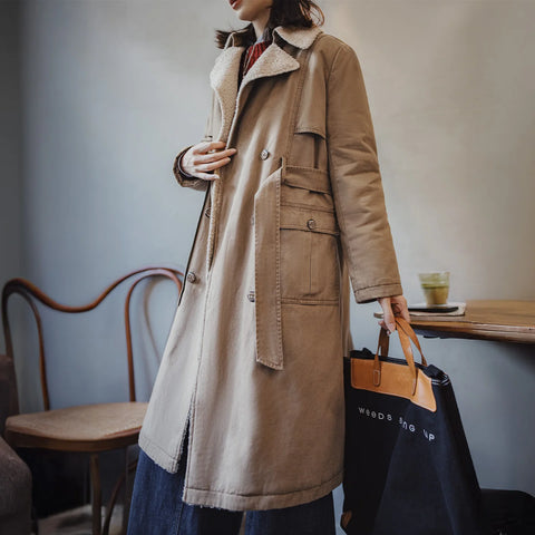 MADEN Damen-Trenchcoat, lang, zweireihig, mit Gürtel, warmes, wollähnliches Futter, Vintage-Baumwolltwill, Herbst-Winter-Oberbekleidung 