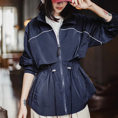 MADEN Women's Lightweight Stand Collar Short Windbreaker Jacket Navy Blue Contrast Parka with Waist Cinching for Spring and Fall