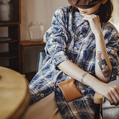 MADEN Women’s Retro Flannel Long Sleeve Plaid Shirt