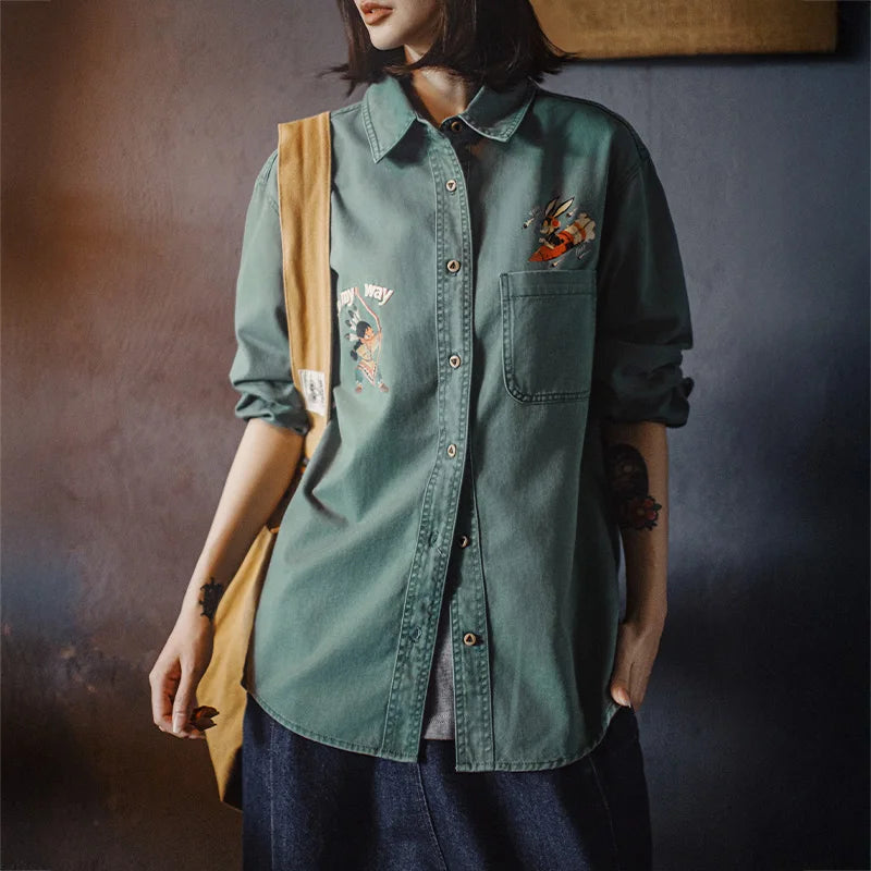 MADEN Vintage Bestickte Baumwoll Bluse locker geschnitten