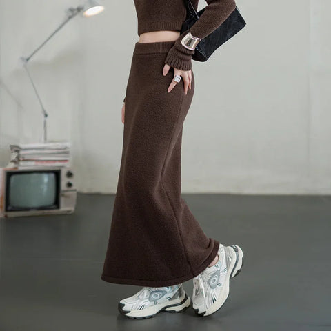 MADEN Retro Knitted Skirt Solid Color Slit Fit with Single-side Slit Versatile A - line Skirt for Women's Autumn and Winter