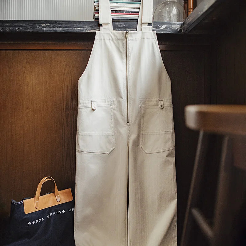 MADEN Casual Women's Loose Fit Overalls White with Adjustable Straps Pocket Zippered Placket Workwear Pants for Fall and Winter