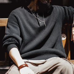 MADEN Retro Schwerer Henley Pullover