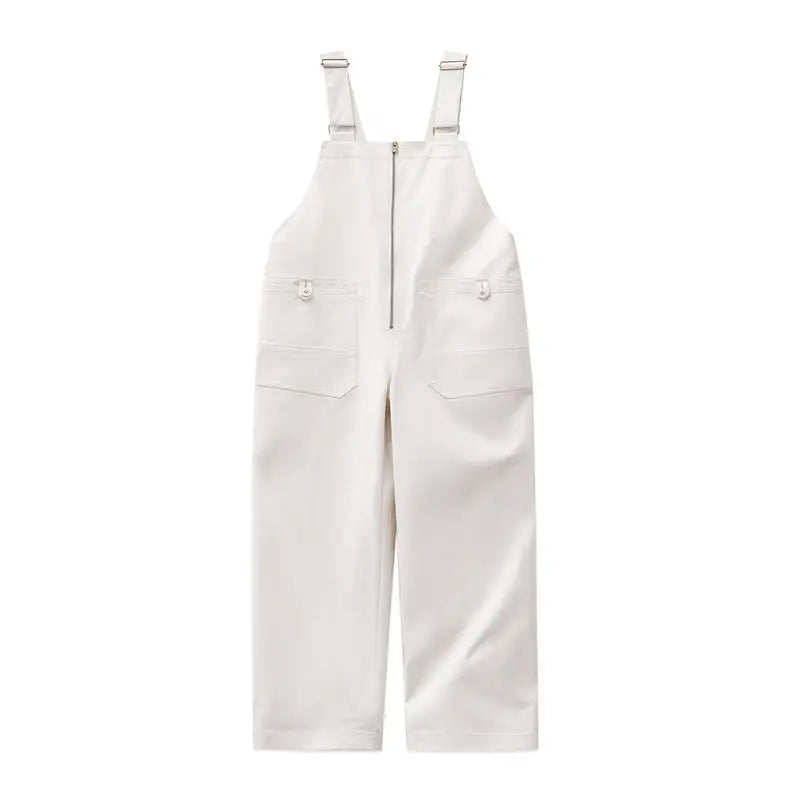 MADEN Casual Women's Loose Fit Overalls White with Adjustable Straps Pocket Zippered Placket Workwear Pants for Fall and Winter