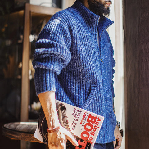 MADEN Blue Cardigan Stand Collar Sweater