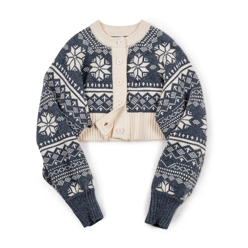 Cárdigan de punto estilo Fair Isle para mujer MADEN, suéter corto jacquard cálido de otoño e invierno, abrigo de manga larga para capas
