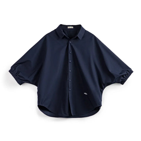 MADEN Damenbluse mit Fledermausärmeln, Stehkragen und lockerem Schnitt, Blau 