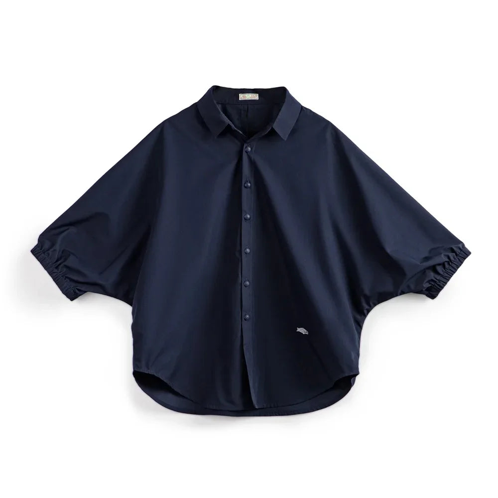 Chemise MADEN pour femme, manches chauve-souris, col montant, coupe ample, bleue 