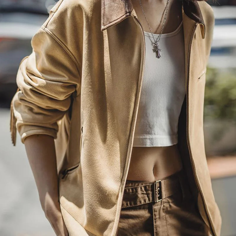 MADEN Women's Suede Jacket Winter Warm Plush Soft Coat Casual Workwear Outerwear with Tassel Detailing