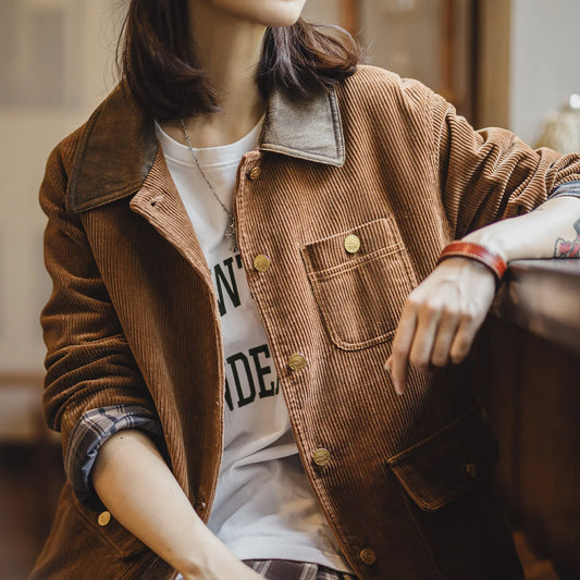MADEN Damen Cordjacke mit gewachstem Kragen