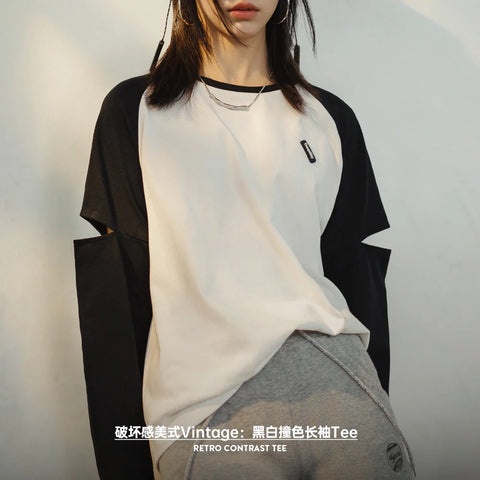 MADEN Retro Contrast Tee Damen Casual Langarm-T-Shirt aus Baumwolle Rundhalsausschnitt Ärmel Broken Hole Design Sweatshirt Vielseitige Oberteile 