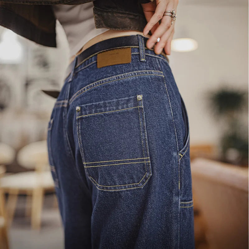 Pantalones de trabajo de mezclilla para hombre MADEN de 10.5 oz, corte recto, casuales, con textura de sarga, cremallera YKK y parche de cuero gamuzado, color azul