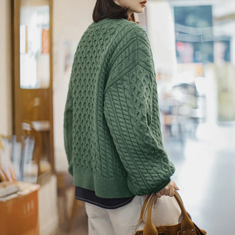 MADEN Damen Retro Grüner Zopfstrickpullover, dicker Pullover Henry, Rundhalsausschnitt, lockere Passform, warme Strickware für Herbst und Winter 