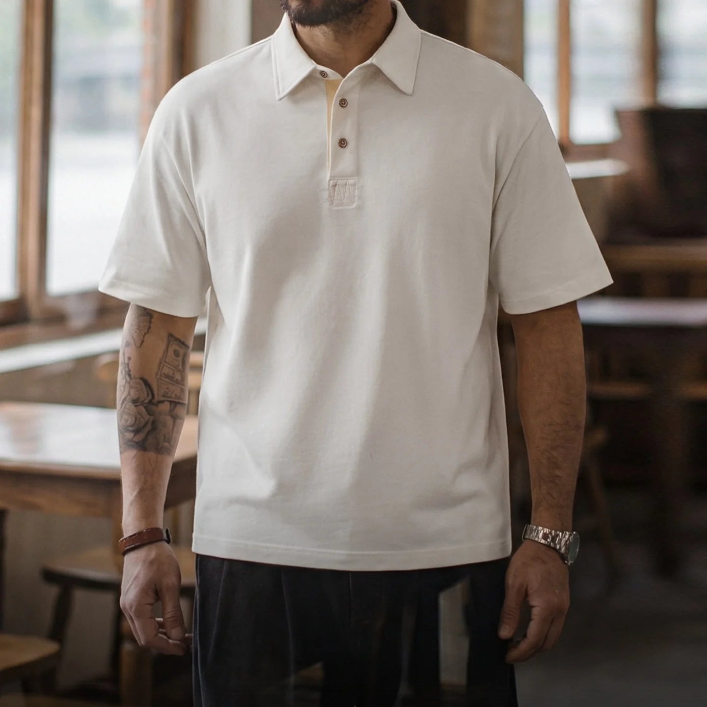 MADEN Herren Polo mit Steinmuster und Knöpfen