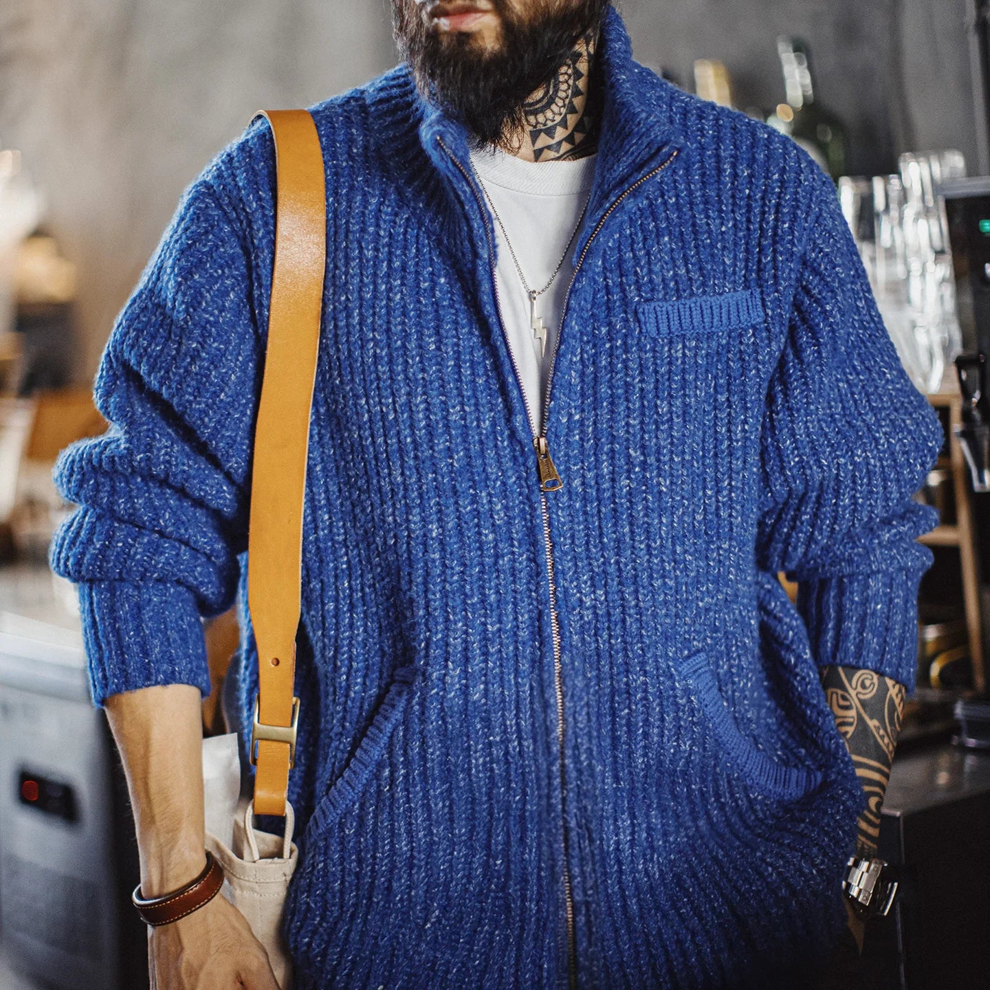 Suéter de punto azul MADEN para hombre con cuello alto, tejido grueso, cierre de cremallera, ropa exterior casual de otoño e invierno