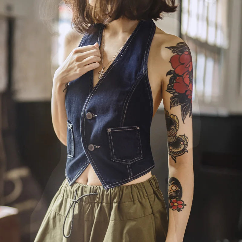MADEN Débardeur en jean épais style vintage années 2000 pour femme, col V, sans manches, dos nu, bleu, sexy, idéal pour superposer les vêtements d'été. 