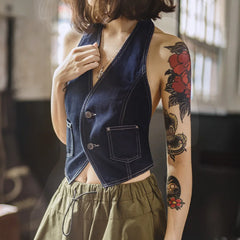 MADEN Débardeur en jean épais style vintage années 2000 pour femme, col V, sans manches, dos nu, bleu, sexy, idéal pour superposer les vêtements d'été. 