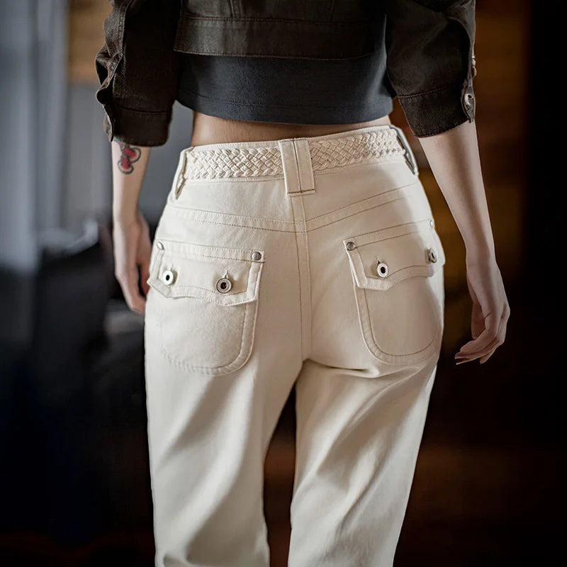 MADEN Damen Freizeithose, mittelhoch geschnitten, vielseitig, beige, 100 % Baumwolle, schmale Passform, ausgestellt, Herbst 