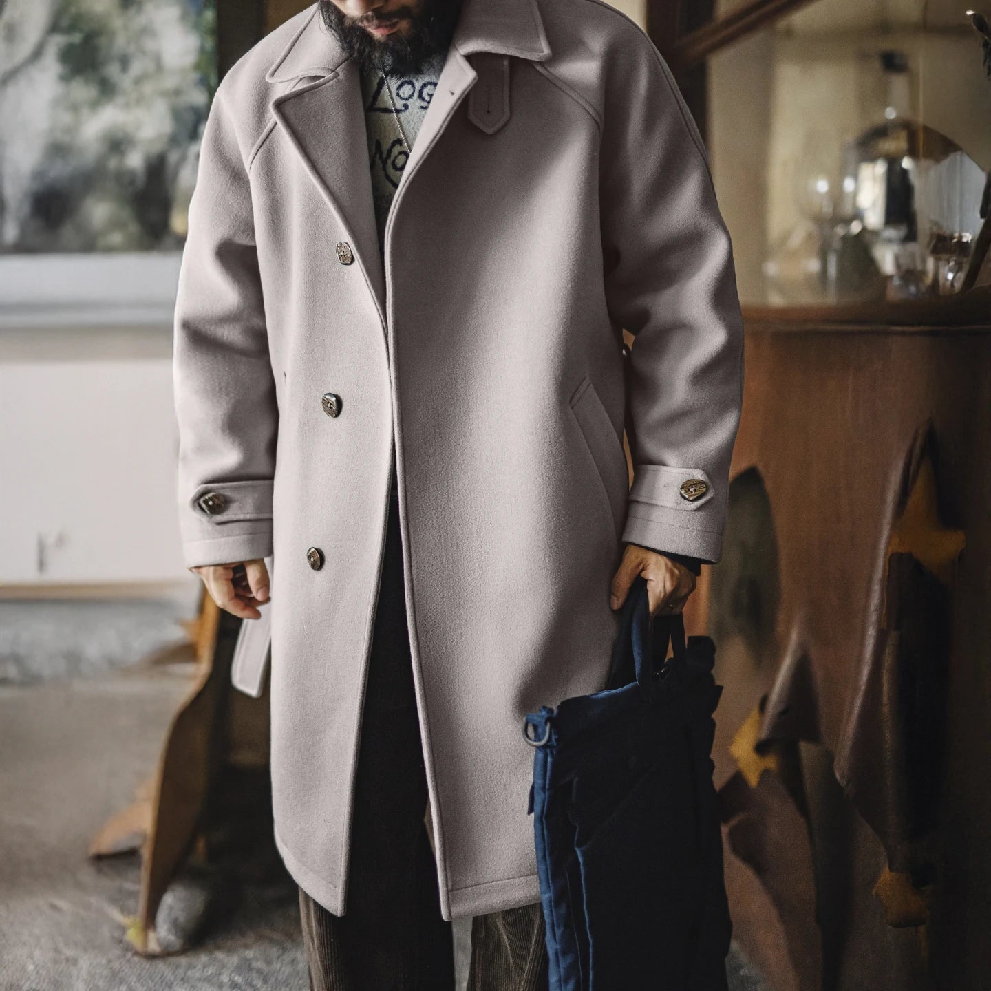 Manteau Balmacaan gris rétro pour homme MADEN – Manteau mi-long coupe-vent automne/hiver 